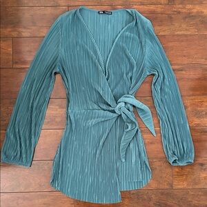 Zara Teal Pleated Wrap-Front Top